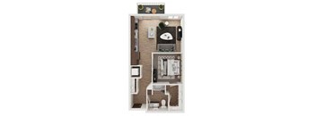 a stylized floor plan with a bedroom and a living room