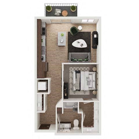 a stylized floor plan with a bedroom and a living room