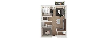 a stylized floor plan with a bedroom and a living room