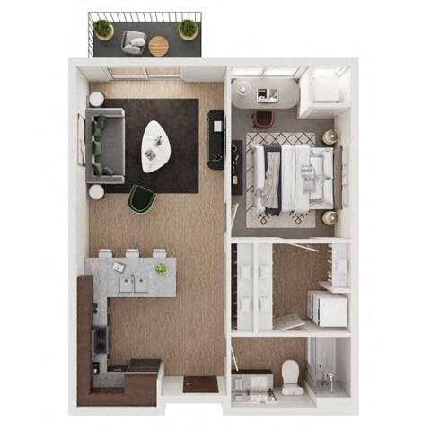 a floor plan of a studio apartment with a bedroom and a bathroom