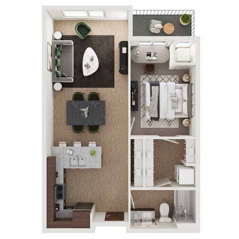 a floor plan of a studio apartment with a bedroom and a bathroom