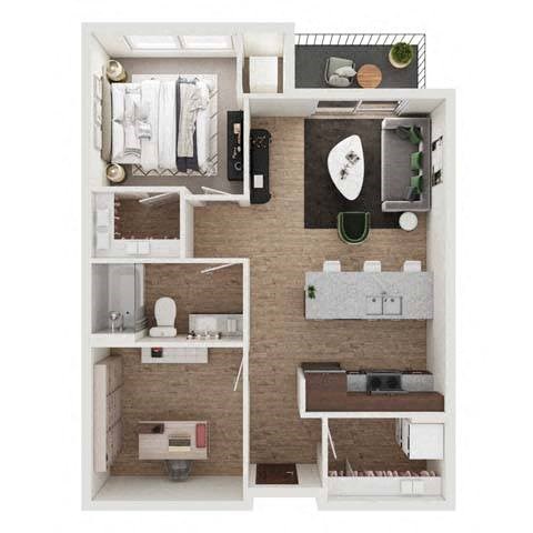 a bedroom floor plan with a bathroom and a living room