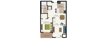 A floor plan of a small apartment with a kitchen, bathroom, dining area, bedroom, and living room.