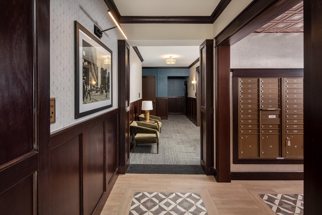 View of hallway and resident mailbox area at The Whitley.