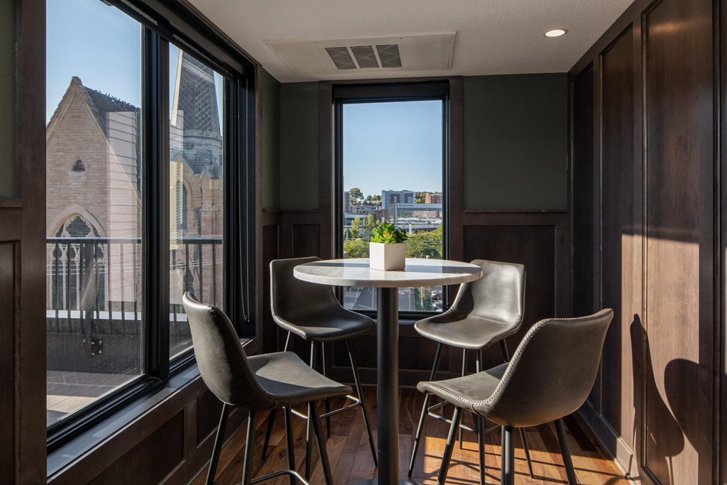 Seating nooks in rooftop lounge in St. Paul, MN.