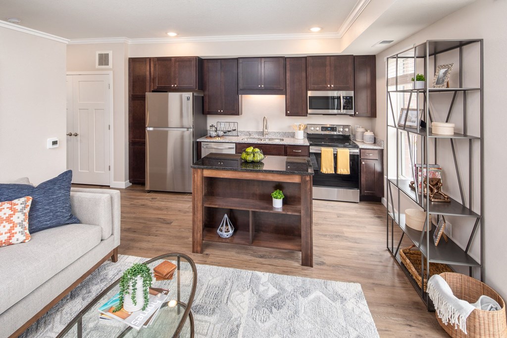 View from living room looking toward modern kitchen  at The Whitley, St. Paul, Minnesota