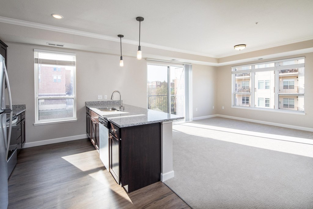 a spacious kitchen and living room at The Gallery Apartments, Minnesota, 55337