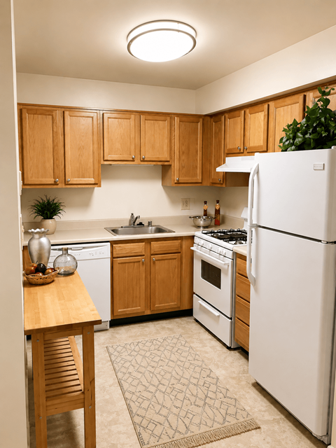 A kitchen with wooden cabinets and white appliances.