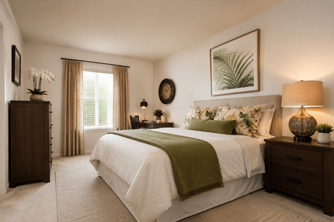 A bedroom with a large bed and a green throw blanket.