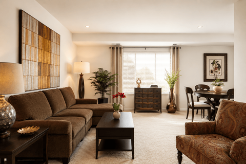 A living room with a brown sofa, a coffee table, and a dining table with chairs.