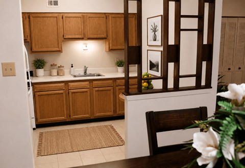A kitchen with wooden cabinets and a white fridge.