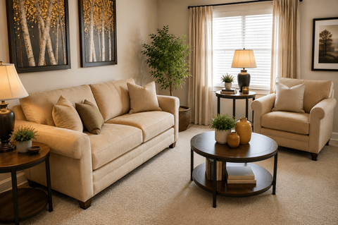 A living room with a beige couch, a round coffee table, and a lamp on a side table.
