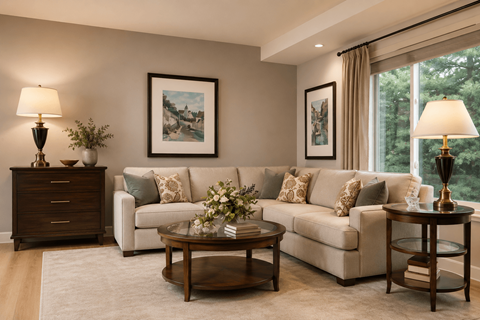 A living room with a beige couch, a coffee table, and a side table with a lamp.