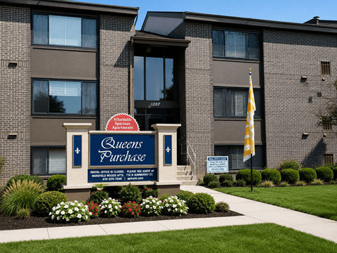 The front of a building with a sign that says Queens Purchase.