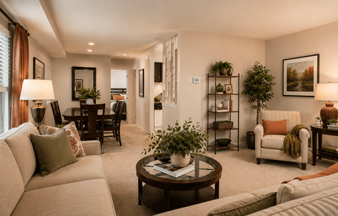 A well-lit living room with a beige sofa, a coffee table, and a potted plant.