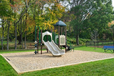 A playground with a green slide and a yellow slide.