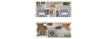 a stylized floor plan of a two bedroom apartment