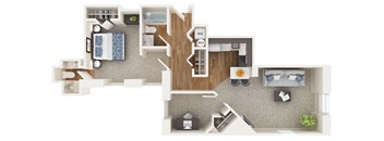 a bedroom floor plan is shown with furniture and a balcony