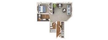 a stylized floor plan of a studio apartment