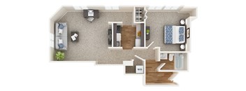 a bedroom floor plan with a bathroom and a living room