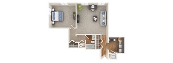 a stylized floor plan of a house with a bedroom and a living room