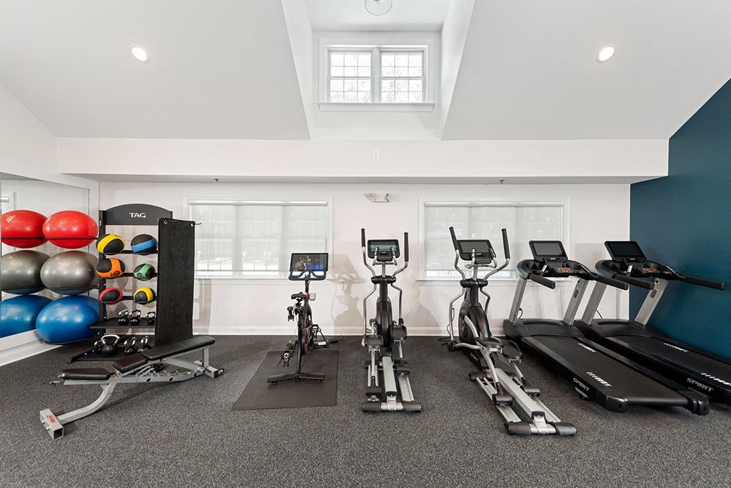 A spacious gym with a variety of exercise equipment including treadmills, stationary bikes, and a rowing machine. at Spa Cove Apartments, Annapolis, 21403