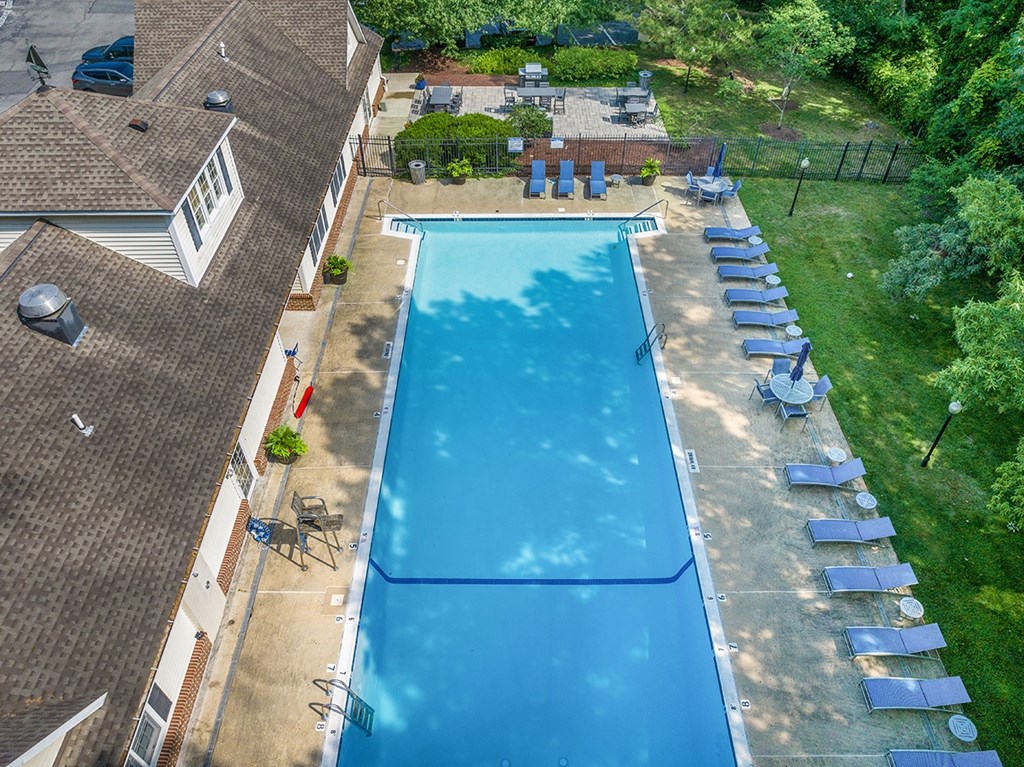 A large blue swimming pool surrounded by lawn chairs and trees. at Spa Cove Apartments, Annapolis, 21403