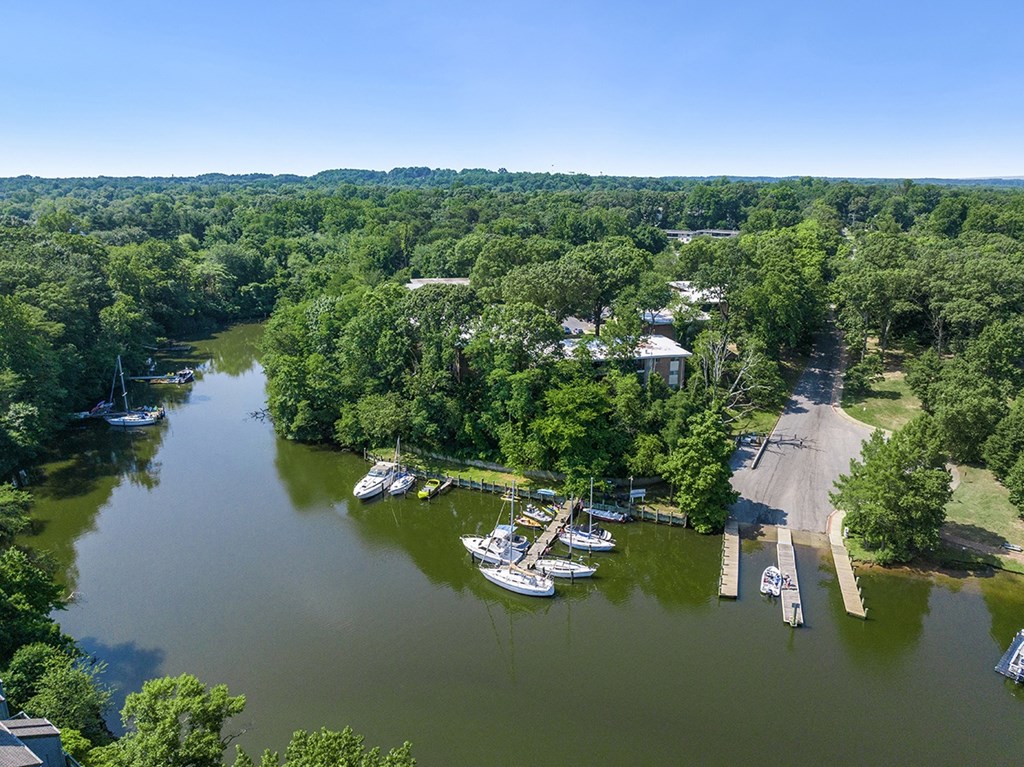 A serene lake surrounded by lush greenery and a dock with boats. at Spa Cove Apartments, Annapolis, 21403