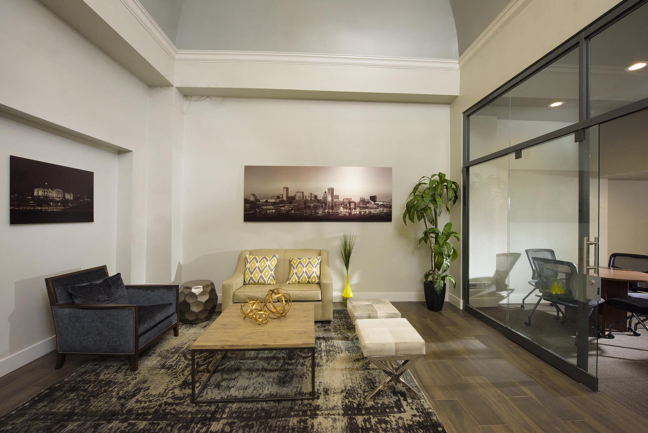 a living room with a couch and a coffee table