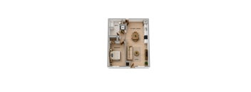 A floor plan of a small apartment with a bedroom, bathroom, kitchen, and living room.