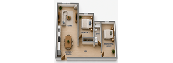 A 3D rendered image of a small apartment layout.