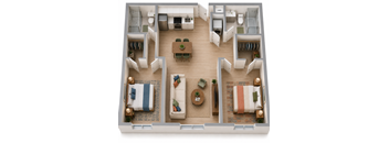 A top down view of a living room, kitchen, and two bedrooms.