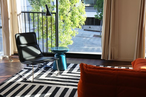 a living room with a black chair and a striped rug