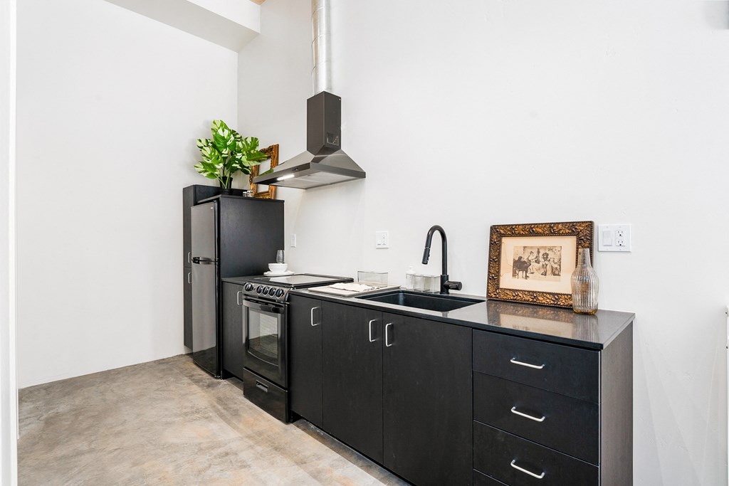 a kitchen with black cabinets and a stove and a refrigerator