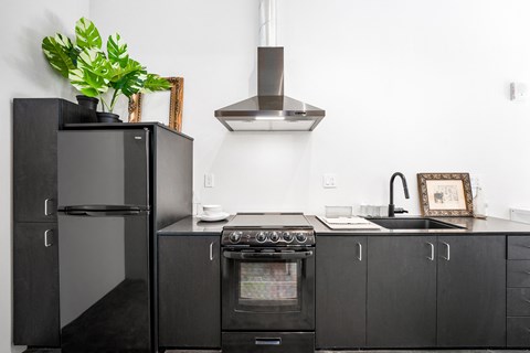 a black kitchen with stainless steel appliances and a black refrigerator