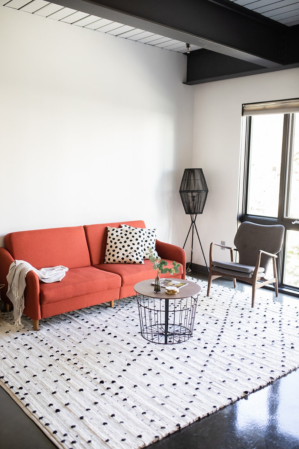 a living room with a red couch and black and white rug