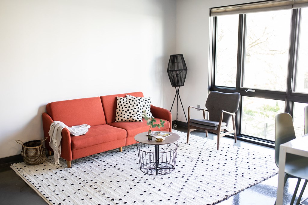 a living room with a red couch and black and white rug