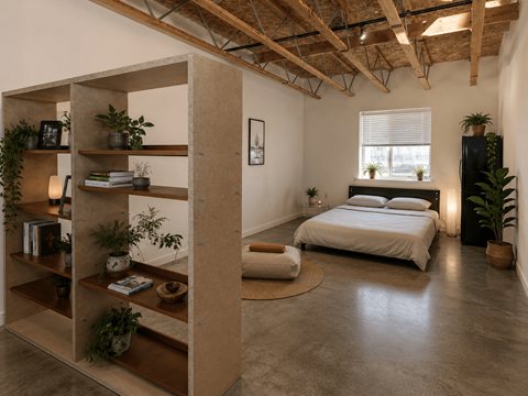 A bedroom with a bed, a shelf, and a rug.