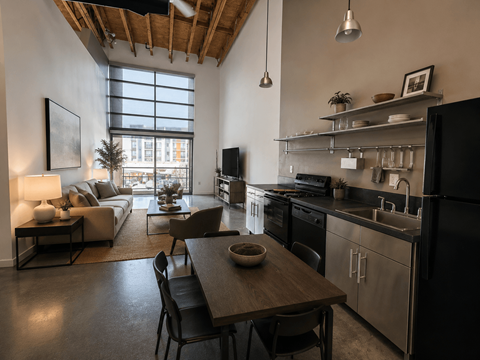 A modern kitchen with a dining table and chairs.