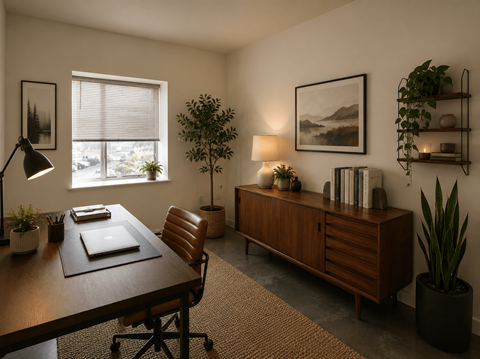 A modern home office with a wooden desk and a laptop on it.