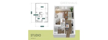 a stylized floor plan of a studio apartment