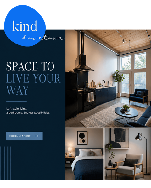 A webpage advertisement for a loft-style living space with two bedrooms.