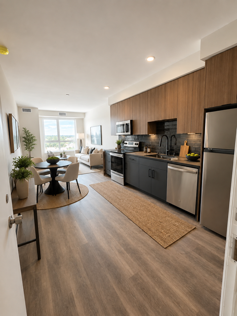 A modern kitchen with a dining table and chairs.