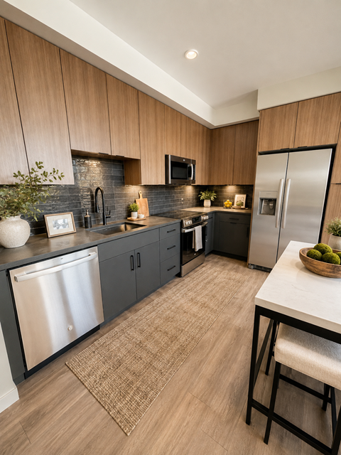A modern kitchen with wooden cabinets and a stainless steel refrigerator.