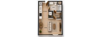 A diagram of a small apartment layout with a living room, kitchen, bathroom, and walk-in closet.