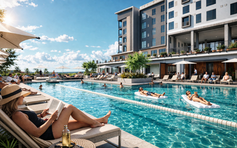 A woman in a black swimsuit is reading a book by the poolside.