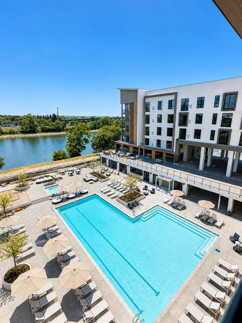 A large swimming pool with sun loungers and a building in the background.