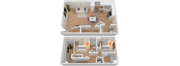 A top and bottom view of a small apartment with a living room, kitchen, and bedroom.