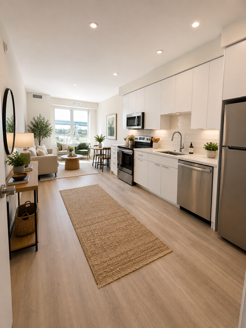 A modern kitchen with a refrigerator, oven, and sink.