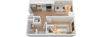 A top-down view of a modern, white-walled, open-plan living space.